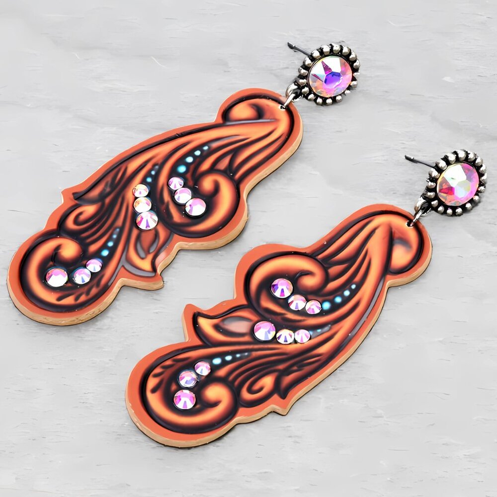 Gorgeous Southwestern Cowgirl Tooled Leather Rhinestone Bling Boho Earrings NEW